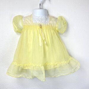 Vintage 50s Sheer Yellow Seersucker Infant Dress and Slip 12-18 Months Smocking